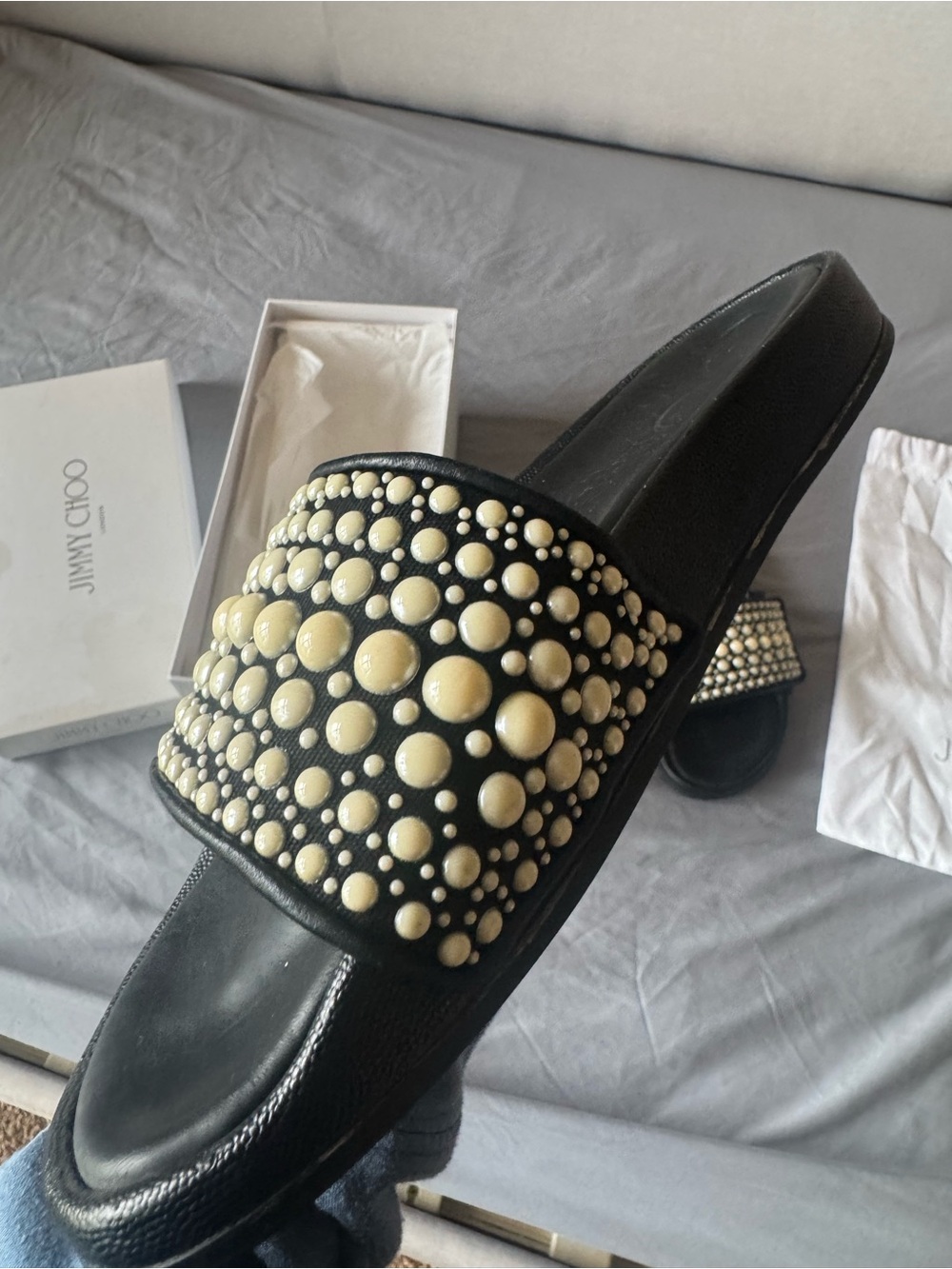 Jimmy Choo Black Slide Sandals with Pearl Embellishment - Picture 3 of 7